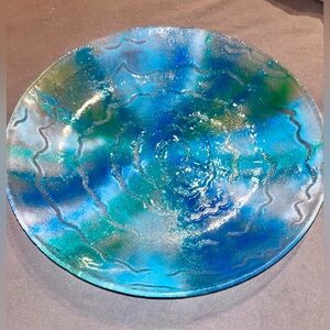 Beautiful hand blown glass plate, blue swirls 11”